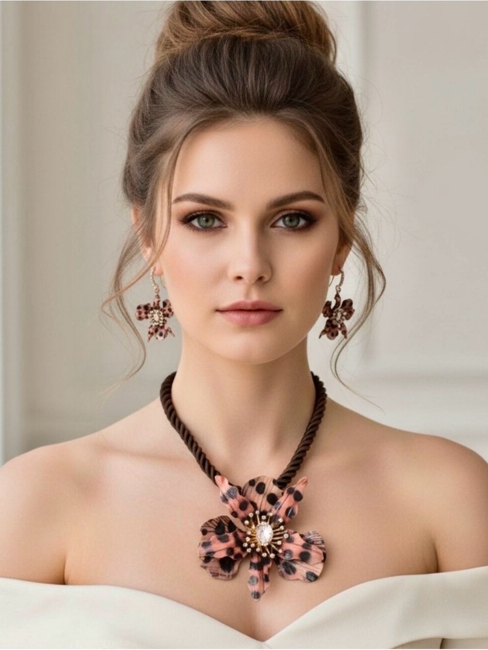 Betsey Johnson Brown & Black Leopard Flower Necklace with Matching Earrings - Picture 2 of 8